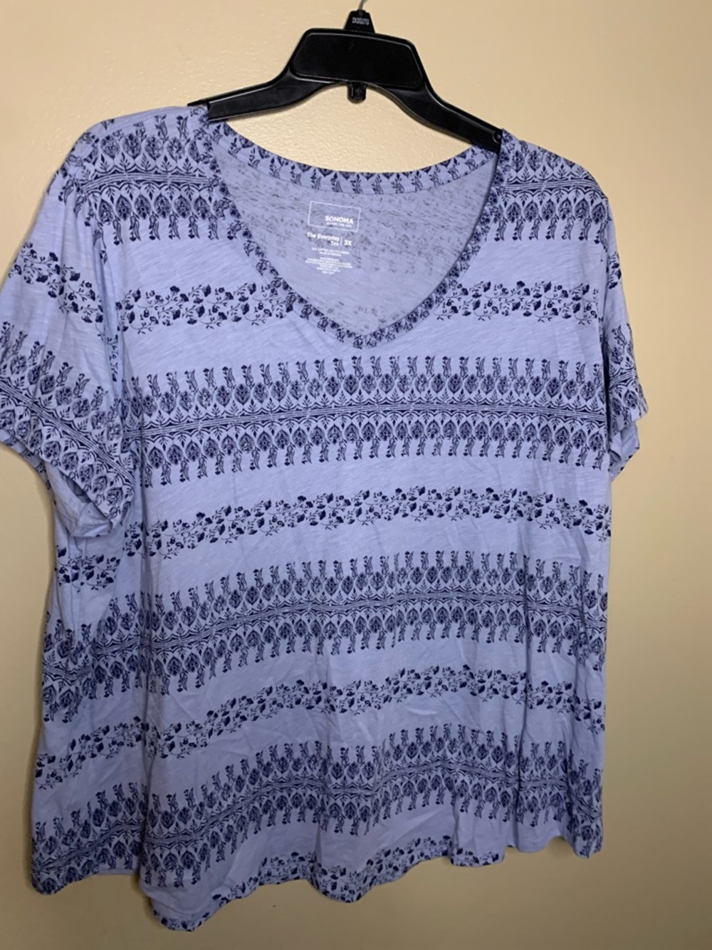 Sonoma Light Blue Short Sleeve V-Neck Top with Navy Floral Stripes